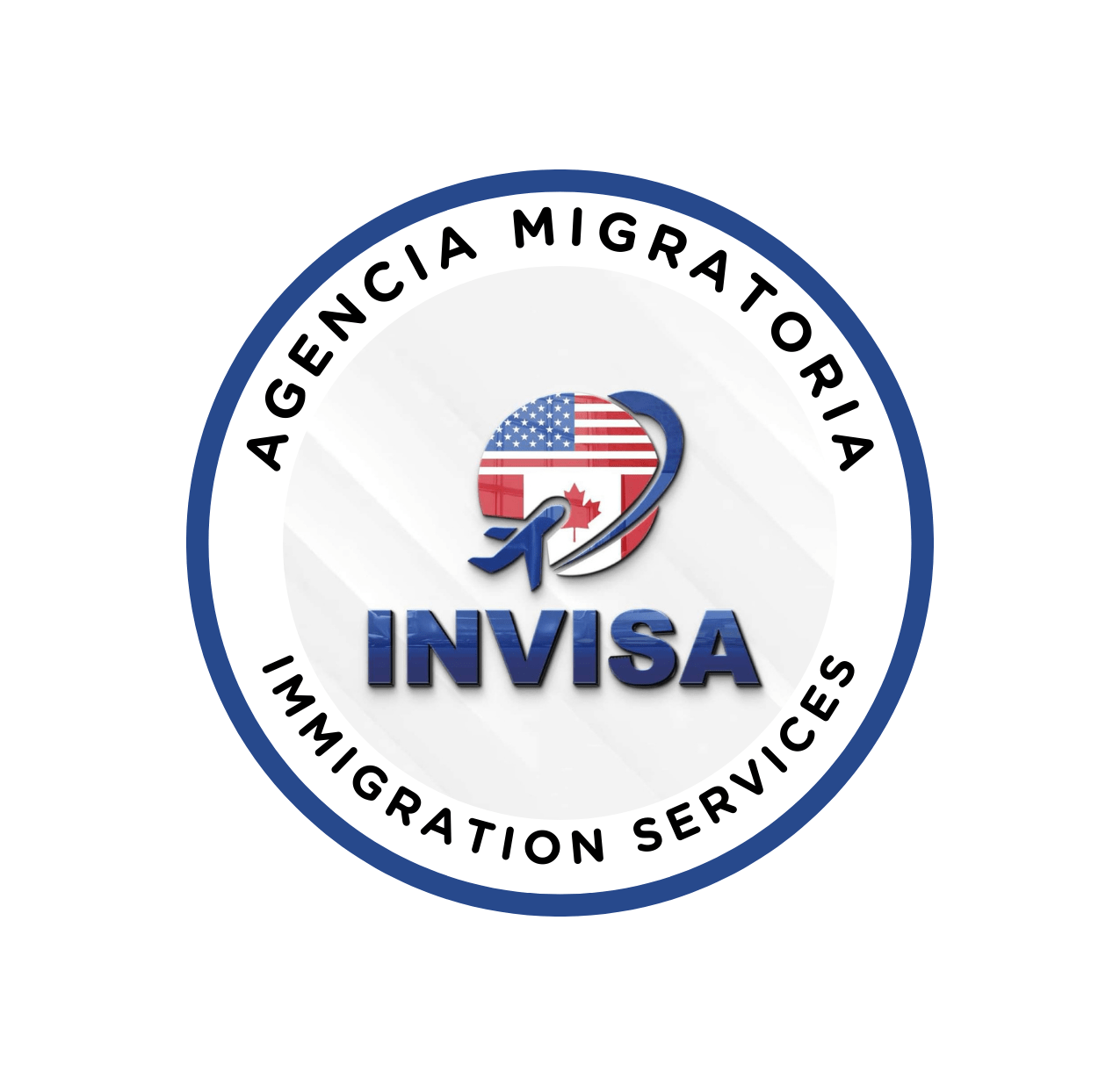Un logotipo circular para Invisa Agencia Migratoria Immigration Services que presenta una bandera estadounidense y canadiense fusionada dentro de un globo terráqueo con el diseño de un avión. El texto rodea el logo con "Agencia Migratoria" en la parte superior y "Servicios de Inmigración" en la parte inferior, simbolizando nuestra experiencia en visas.
